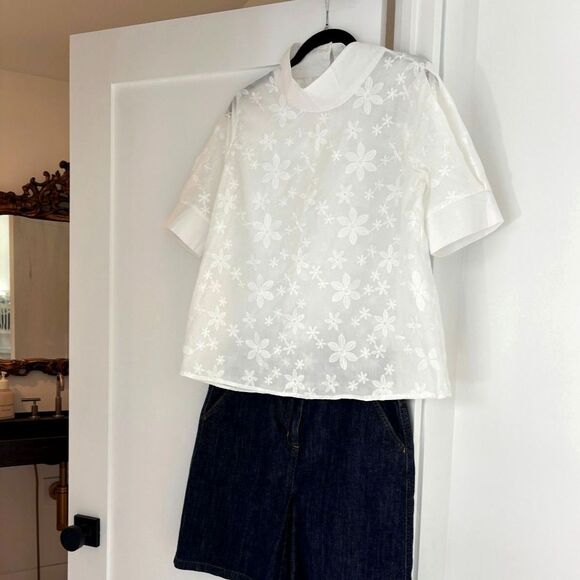 Tops - White Embroidered Floral Blouse Linen Blend Relaxed Fit Size M